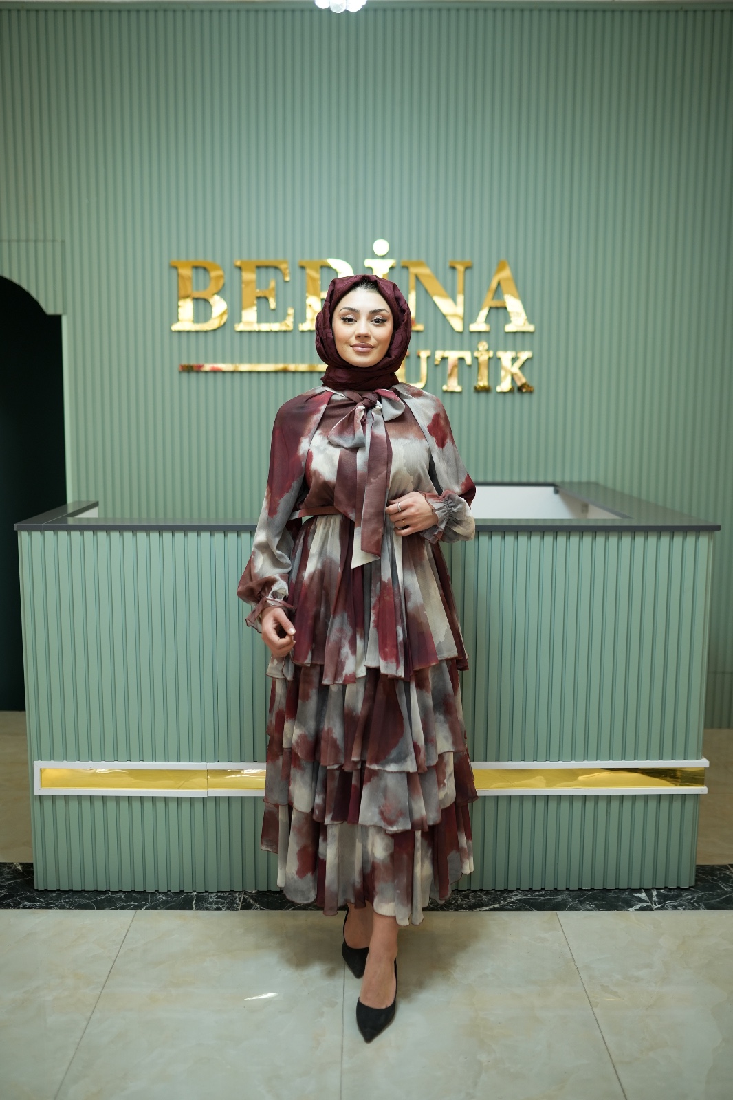 Katlı Desenli Şifon Kadın Elbise- Terzi Dükkanı