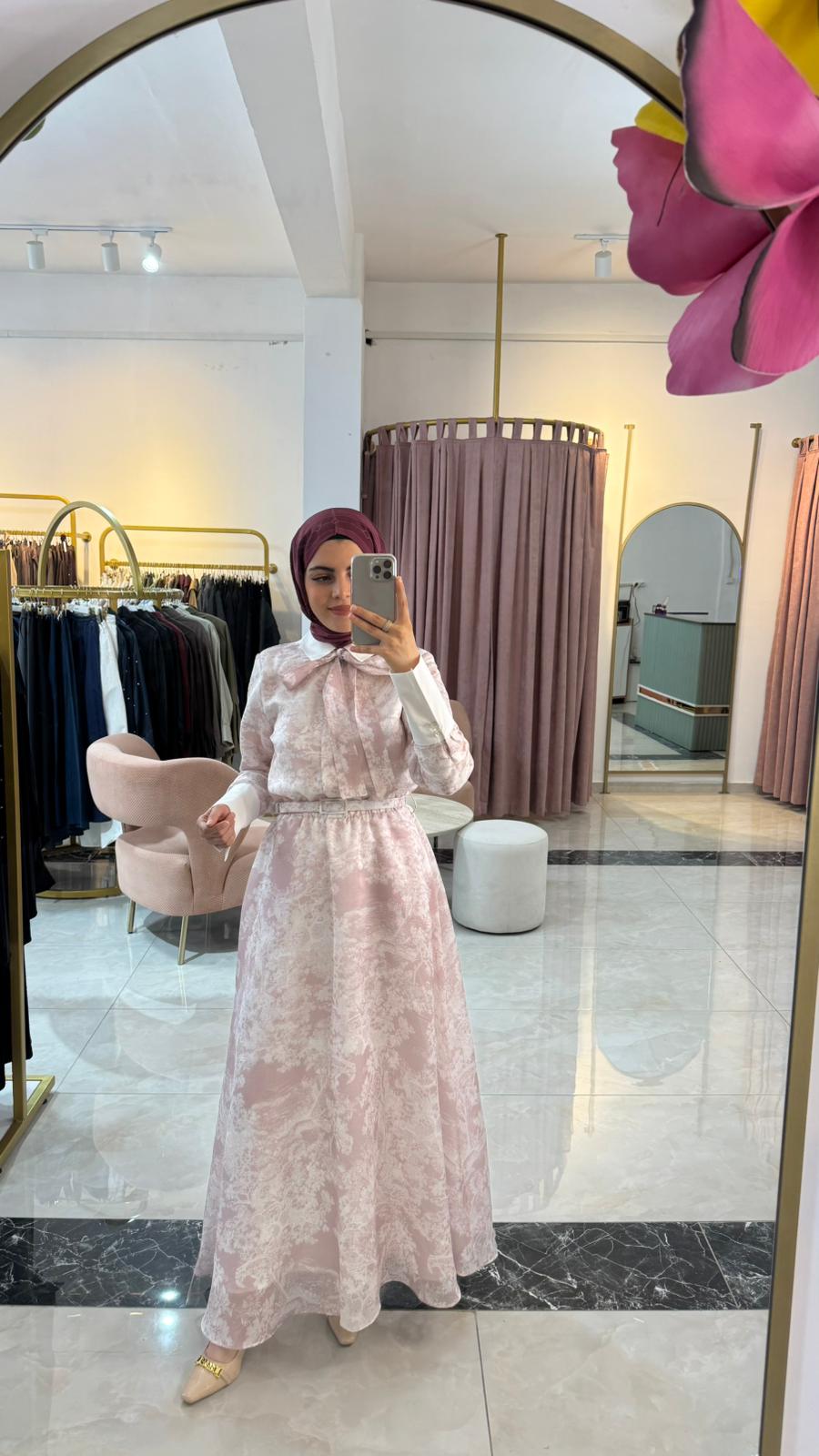 LADY LYOCELL DESENLİ YAKA DETAY ELBİSE PEMBE
