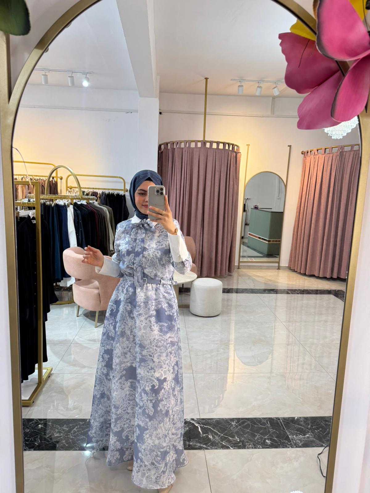 LADY LYOCELL DESENLİ YAKA DETAY ELBİSE BEBE MAVİ