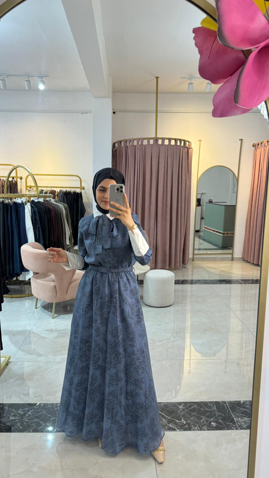 NAVY LYOCELL DESENLİ ELBİSE LACİVERT