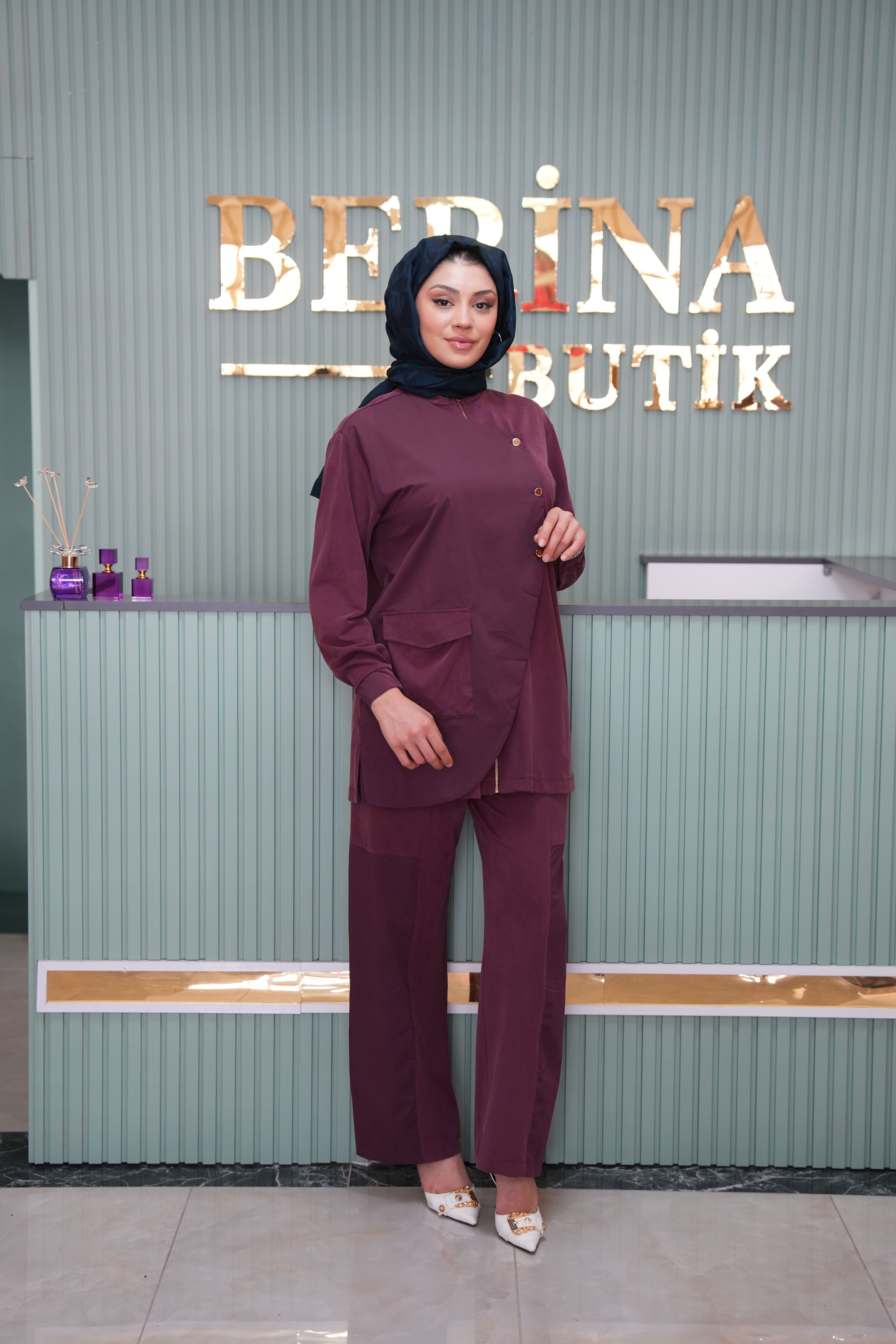 Edora Fermuarlı Kumaş Garnili Pantolonlu Takım MÜRDÜM- HİLAY