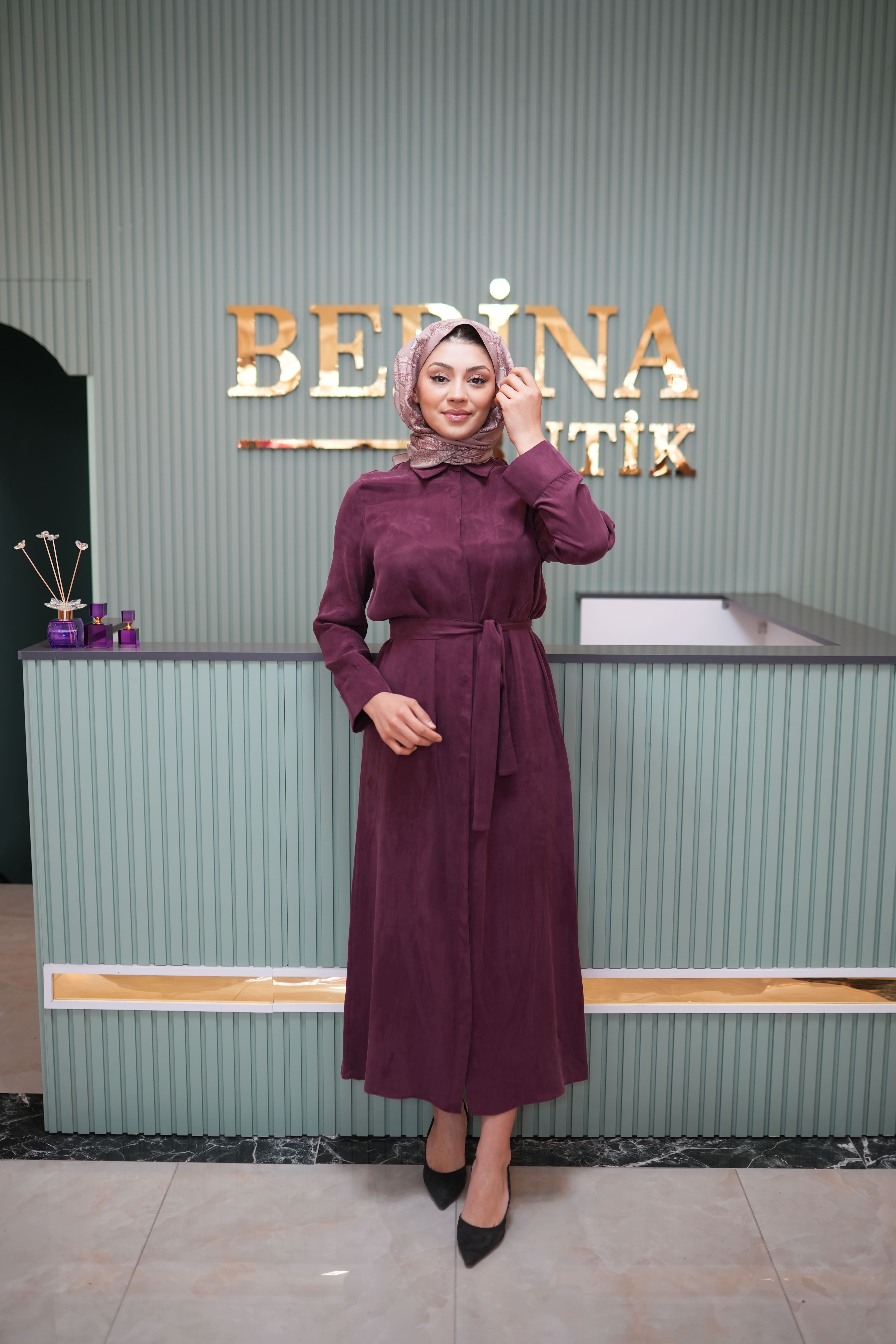 GLORIA TAŞLANMIŞ İPEK GÖMLEK ELBİSE BORDO