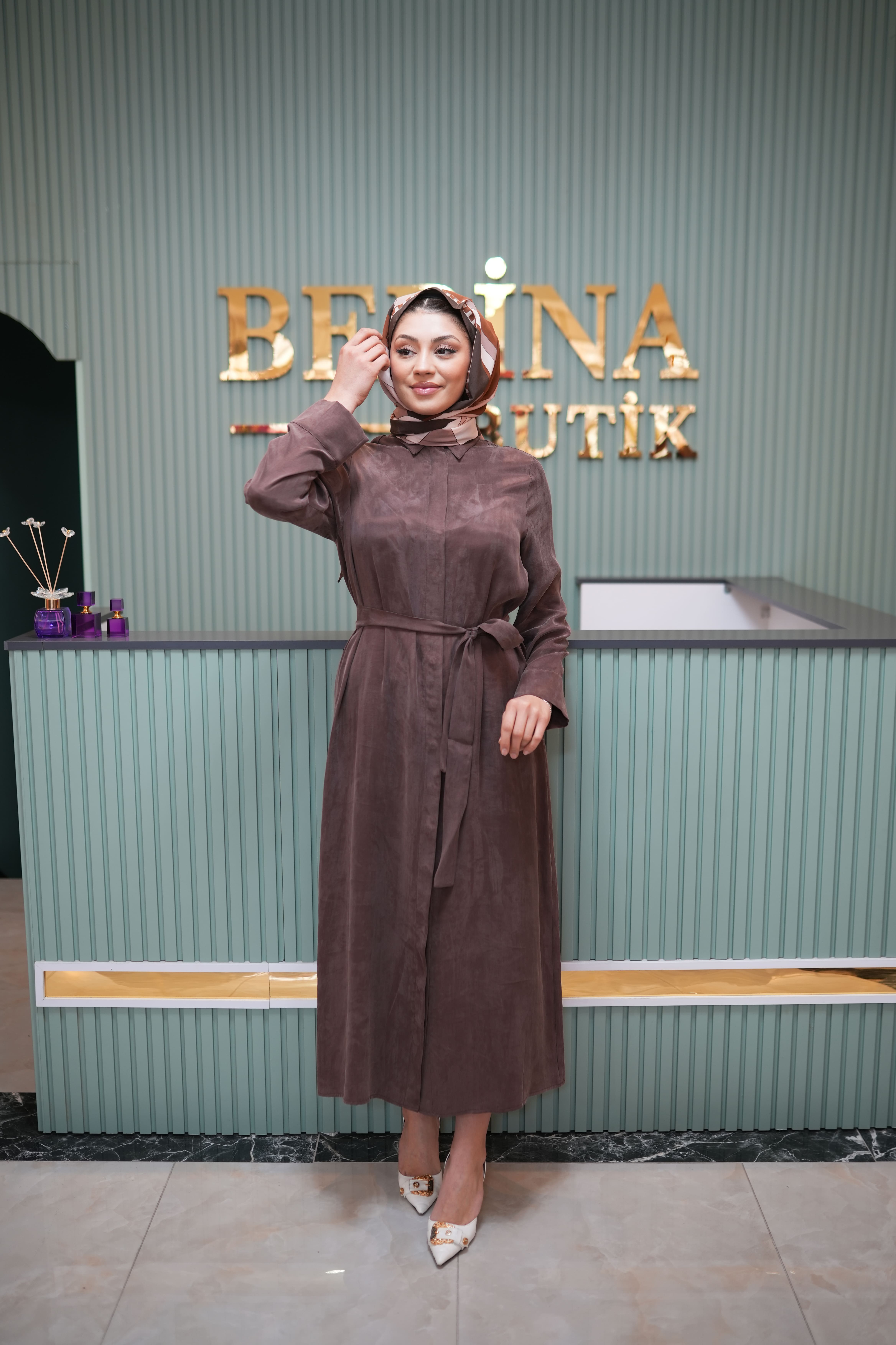 GLORIA TAŞLANMIŞ İPEK GÖMLEK ELBİSE KAHVE