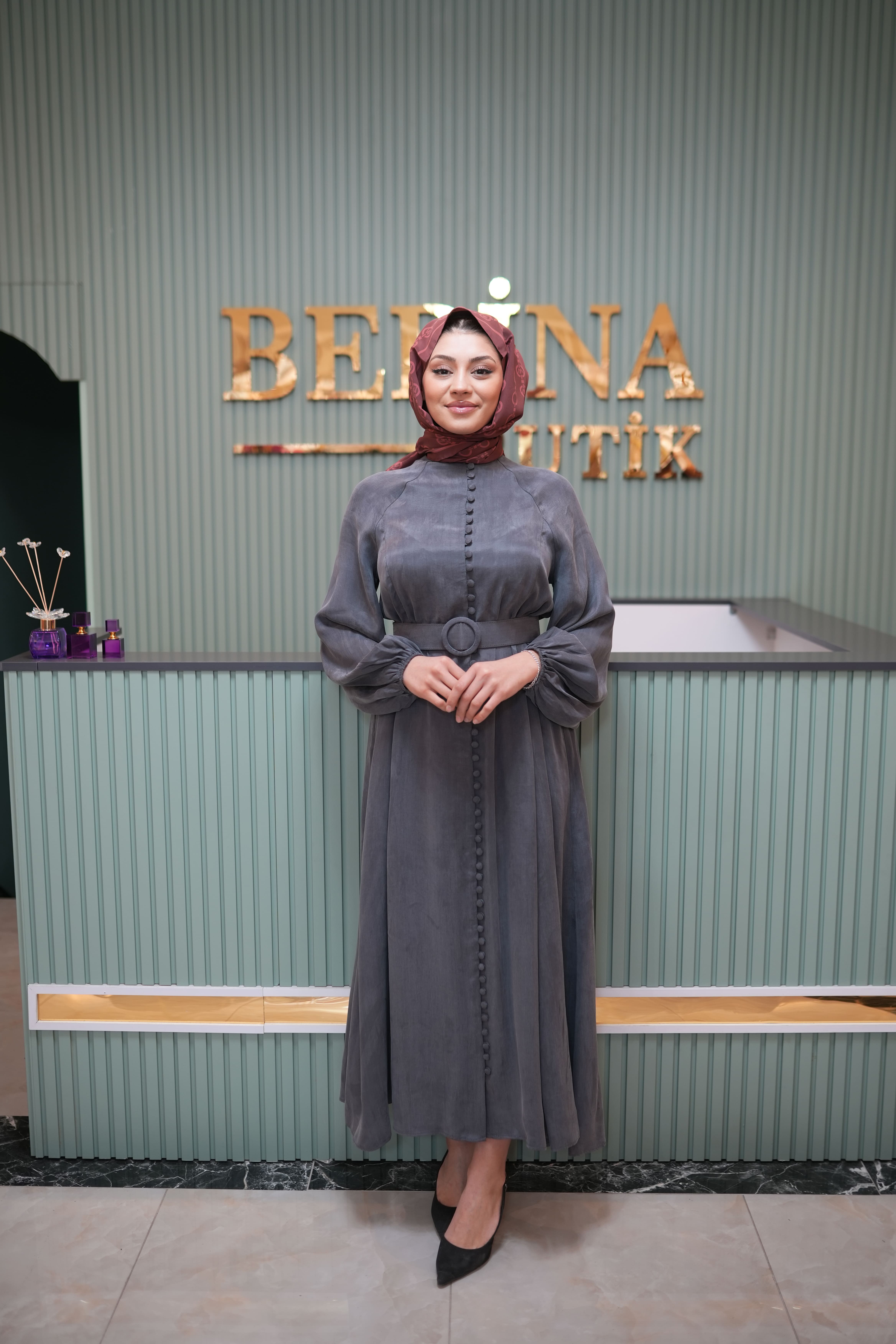 PRİME TAŞLANMIŞ İPEK BRİT DÜĞMELİ ELBİSE ANTRASİT