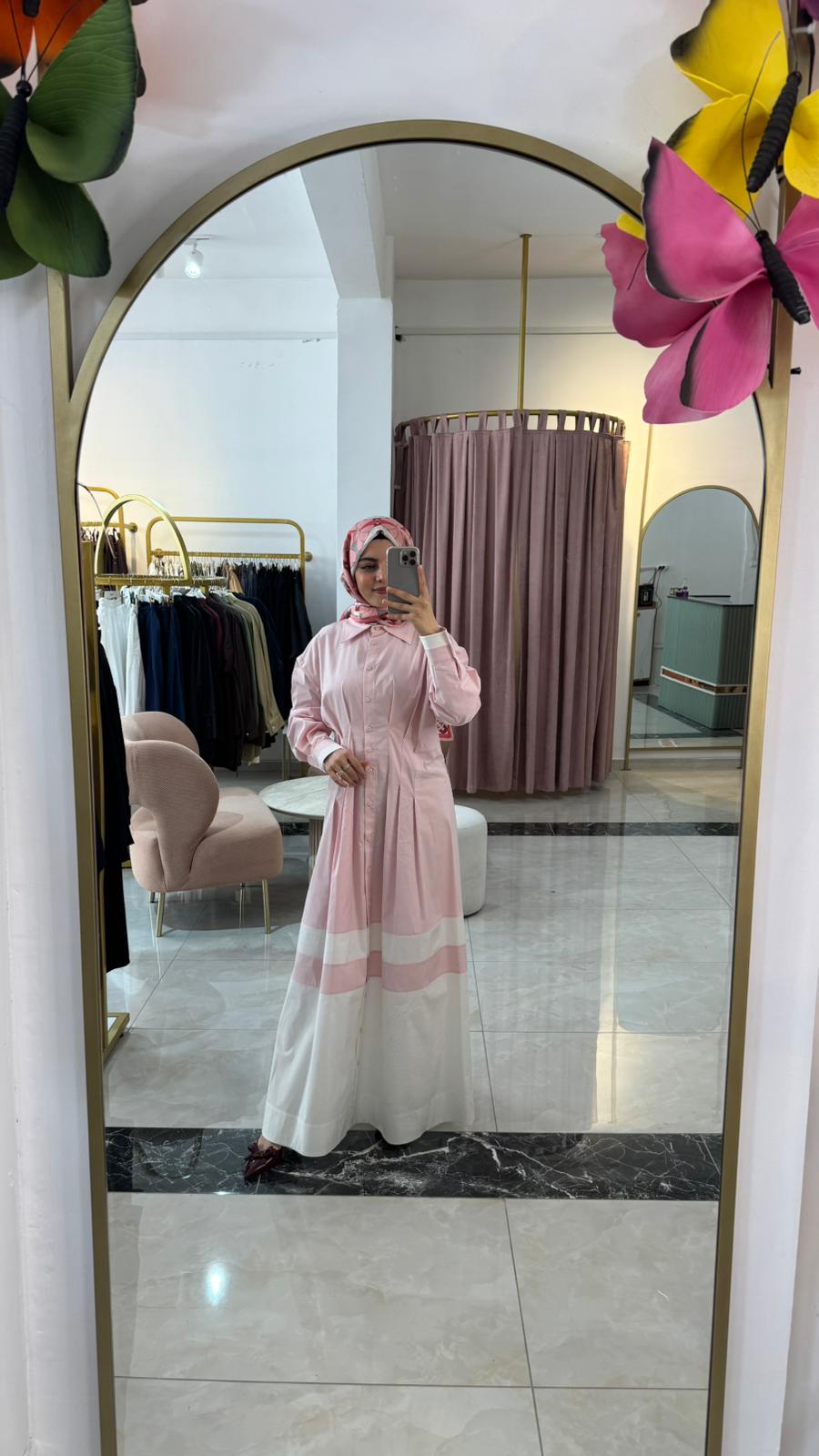 PEMBE KONTRAST RENKLİ PAMUKLU GÖMLEK ELBİSE