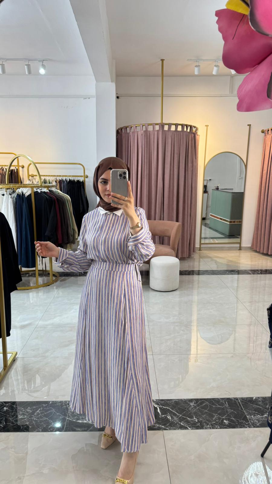 MİORİ ETNA RAYON VİSKON ETEKLİ TAKIM MAVİ-KAHVE
