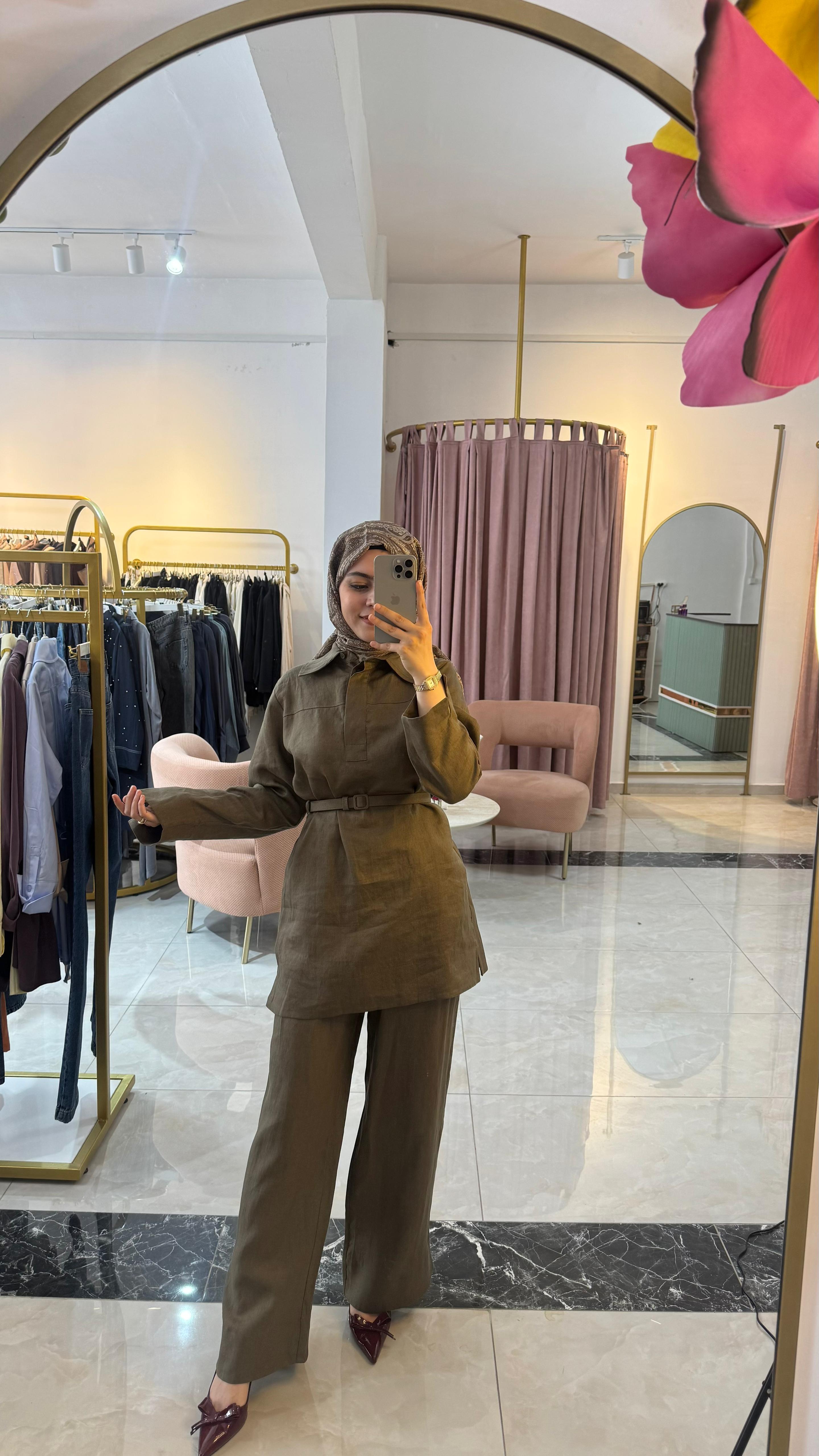 Luba Yarım Patlı Gömlek Yaka Keten Pantolonlu Takım HAKİ