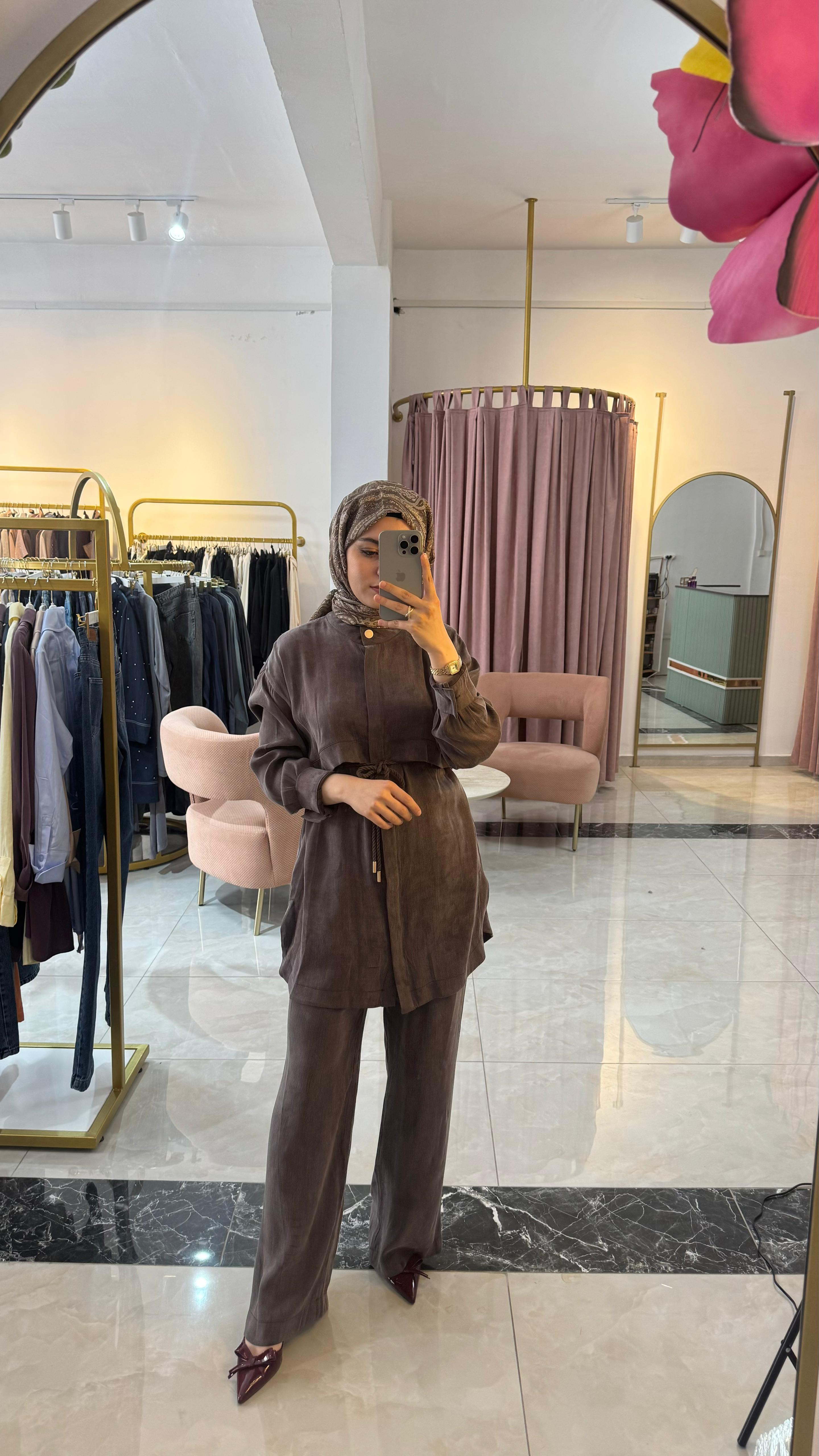 Jasmy Allerli Düğmeli Lyocell Pantolonlu Takım