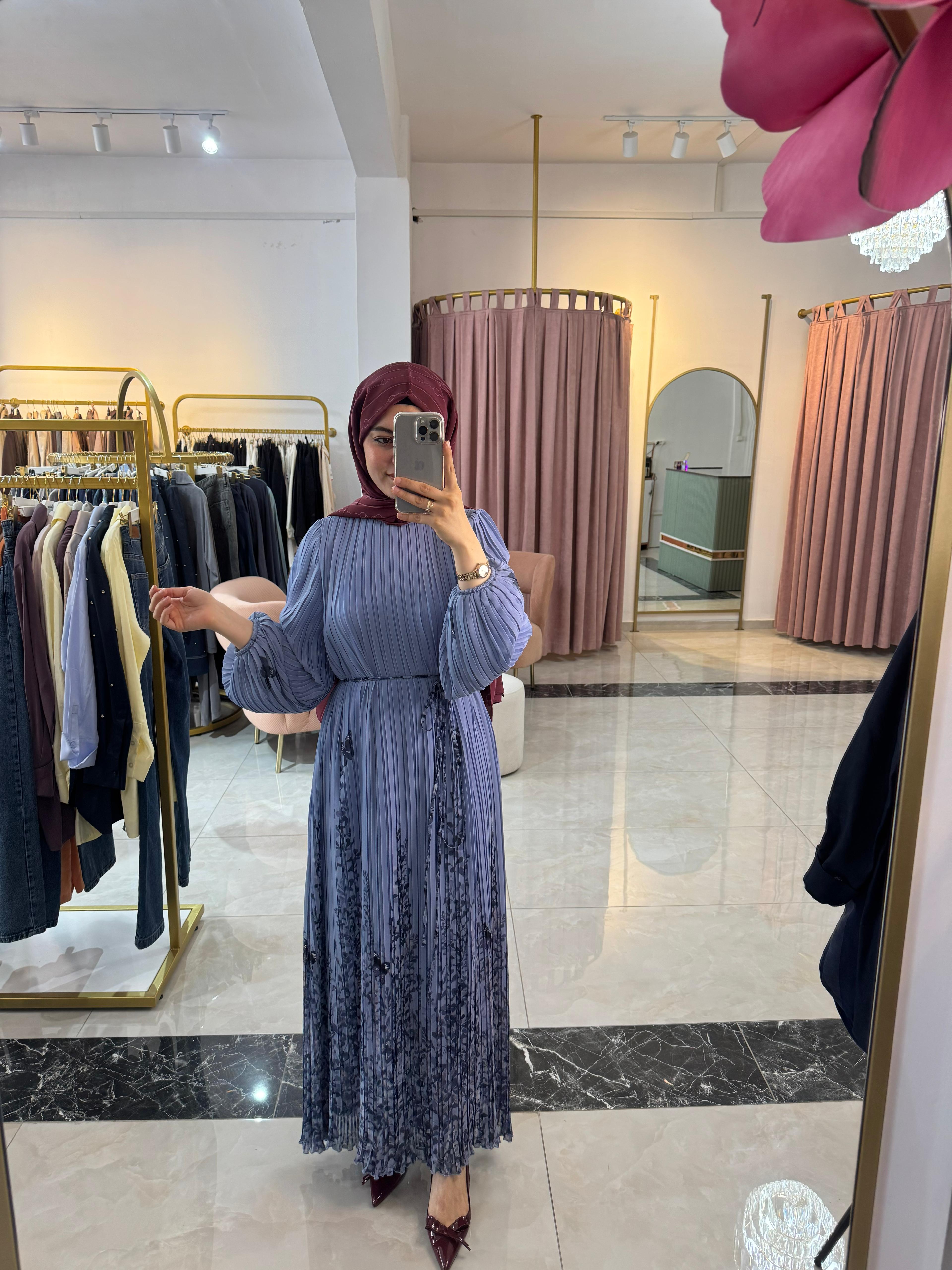 SÜMBÜL DESEN PLİSELİ ŞİFON ELBİSE MAVİ