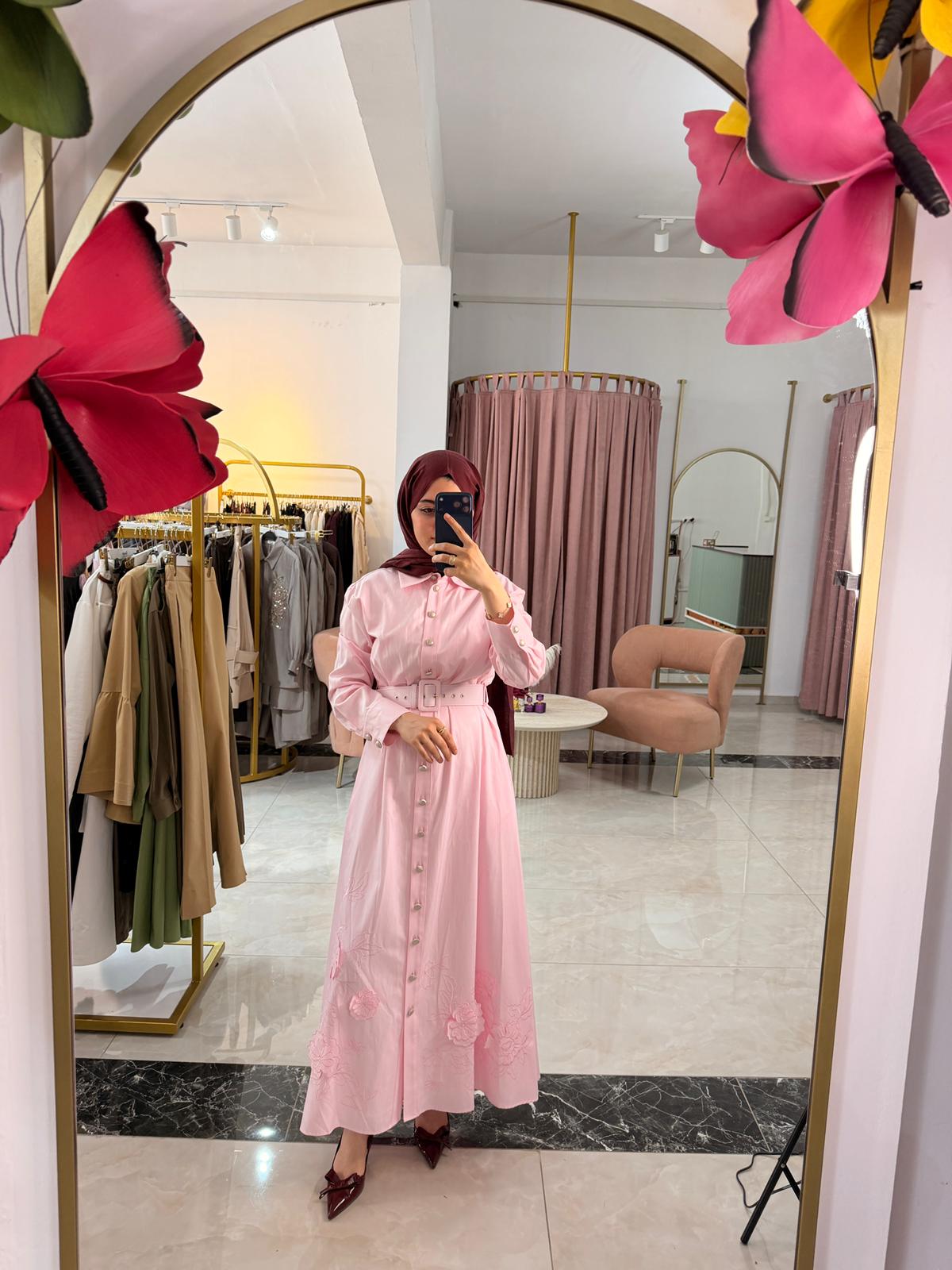 FLOWERS Floral Nakışlı Kemerli Uzun Gömlek Elbise PEMBE