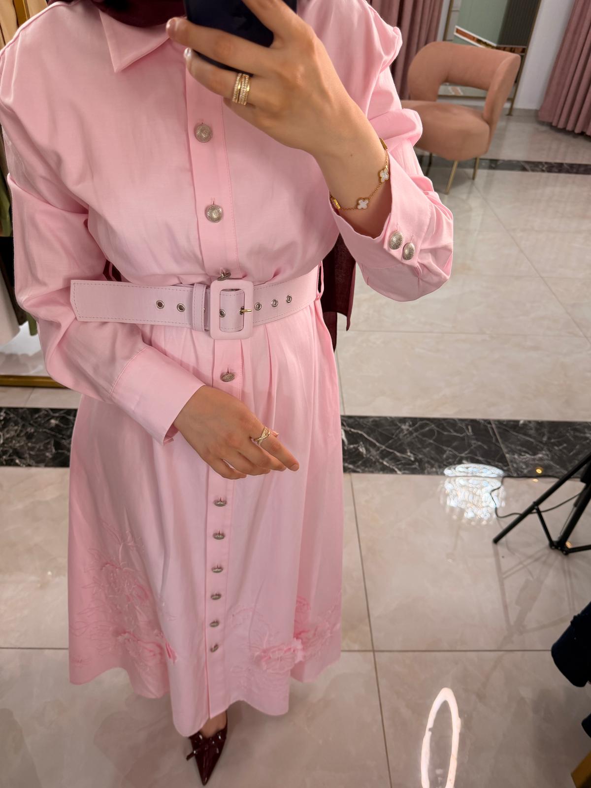 FLOWERS Floral Nakışlı Kemerli Uzun Gömlek Elbise PEMBE