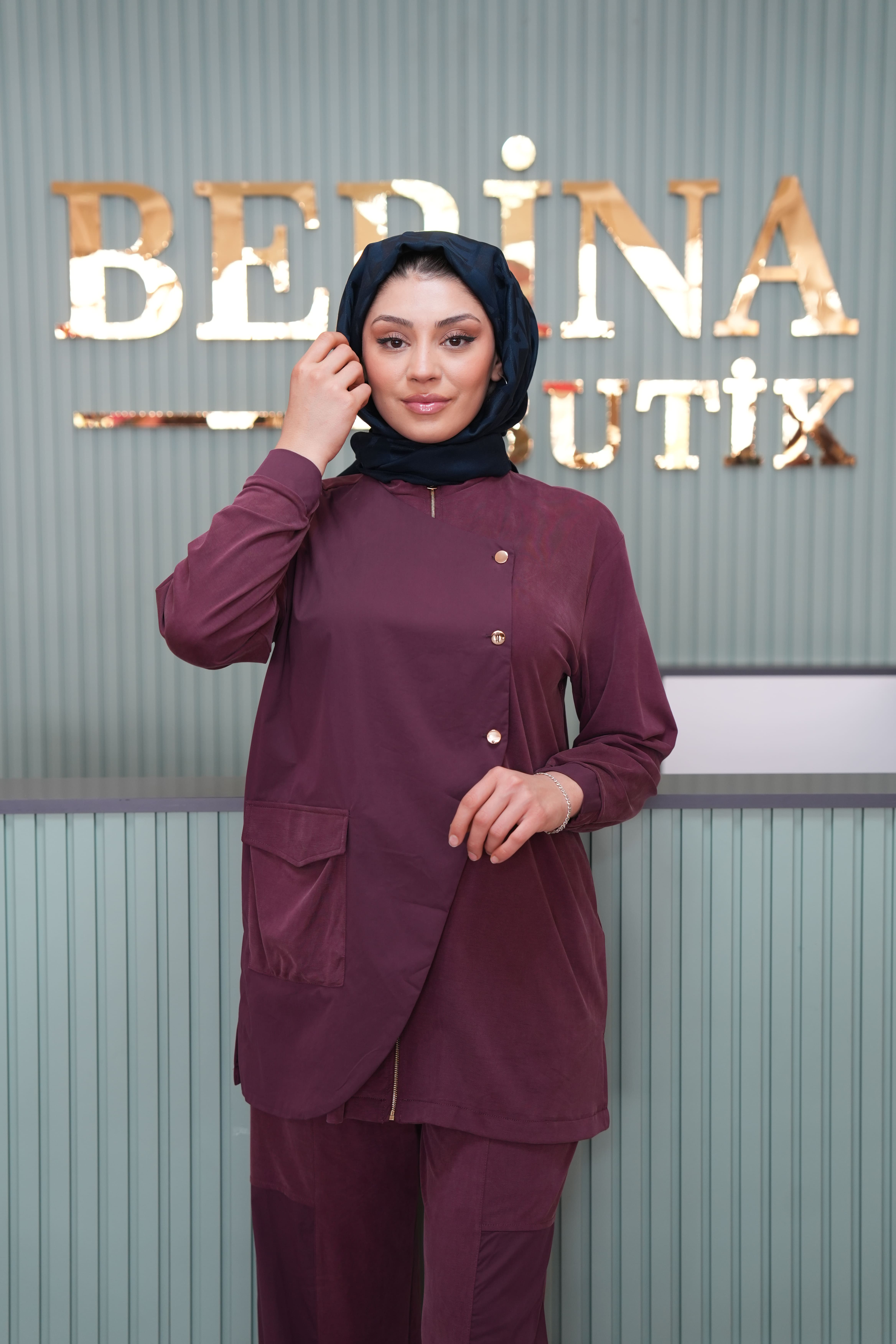 Edora Fermuarlı Kumaş Garnili Pantolonlu Takım MÜRDÜM- HİLAY