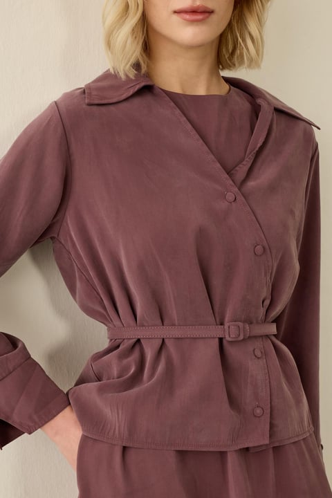 Mara Kruvaze Kaplama Düğmeli İçlik Elbiseli Takım MÜRDÜM- HİLAY