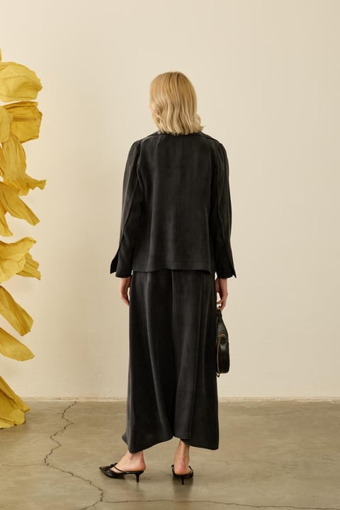 Riva Özel Çıtçıtlı Kemerli Lyocell İçlik Elbiseli Takım SİYAH