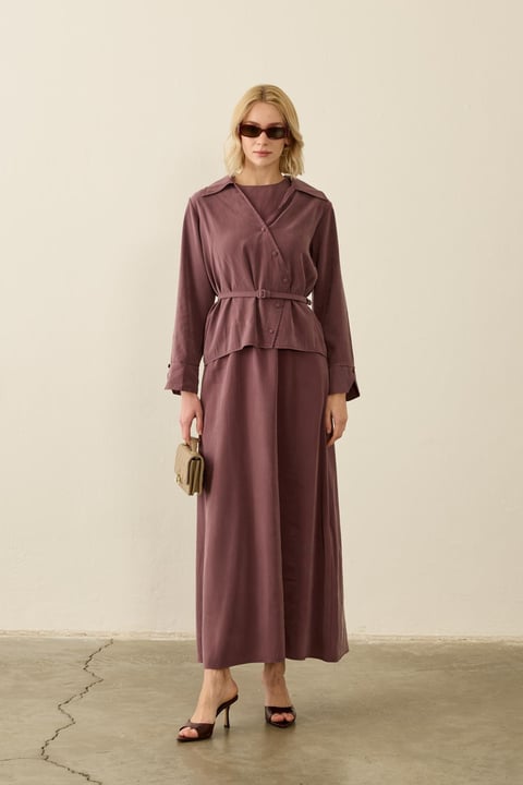 Mara Kruvaze Kaplama Düğmeli İçlik Elbiseli Takım MÜRDÜM- HİLAY