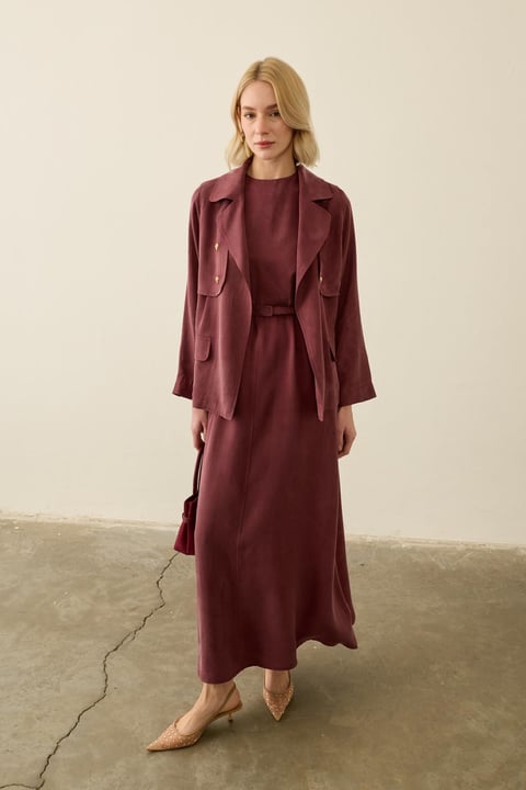 Riva Özel Çıtçıtlı Kemerli Lyocell İçlik Elbiseli Takım MÜRDÜM