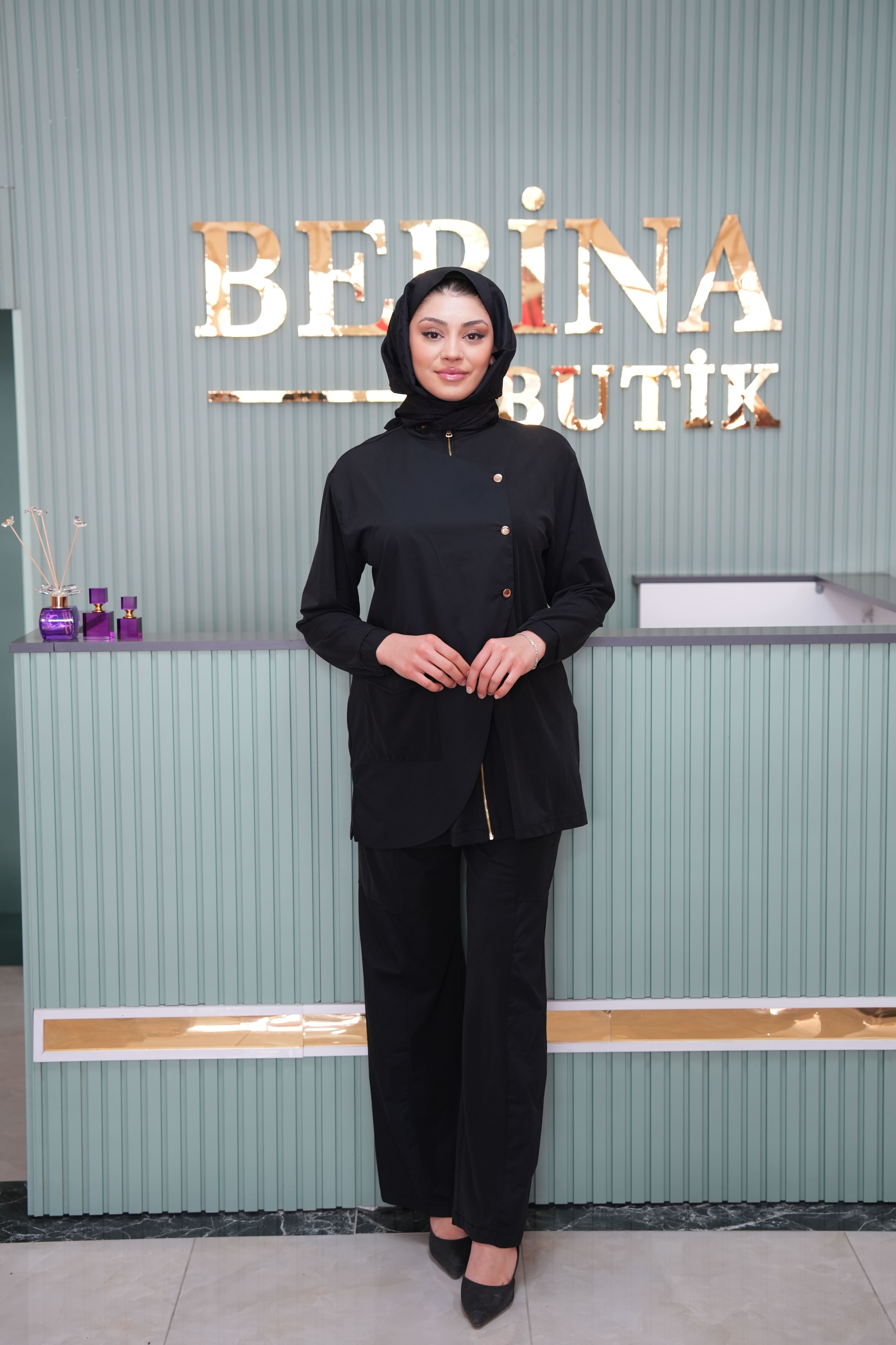 Edora Fermuarlı Kumaş Garnili Pantolonlu Takım SİYAH